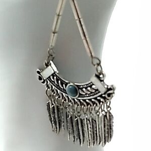 Egyptian Silver-tone Dangling Metal Feather Tassel Earrings
